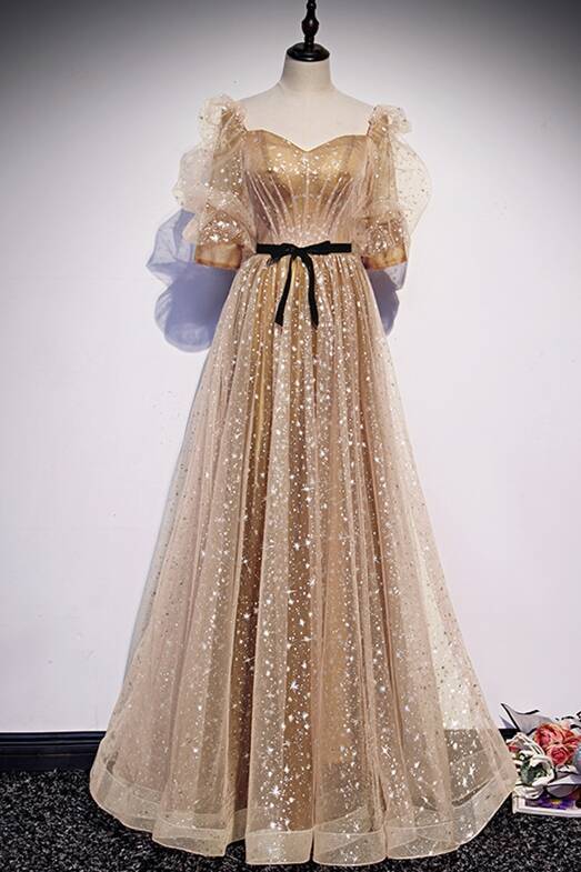 Short Sleeves Champagne A-line Long Prom HZ0308