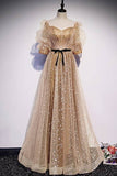 Short Sleeves Champagne A-line Long Prom HZ0308