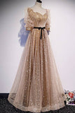 Short Sleeves Champagne A-line Long Prom HZ0308