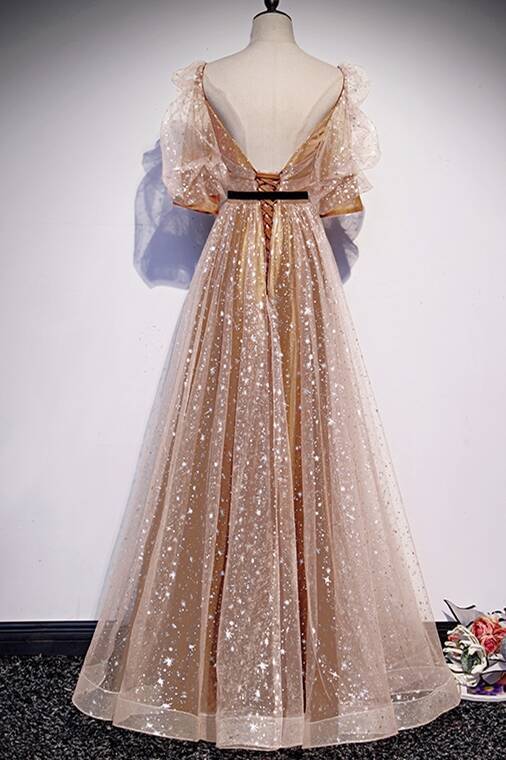 Short Sleeves Champagne A-line Long Prom HZ0308