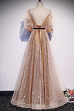Short Sleeves Champagne A-line Long Prom HZ0308