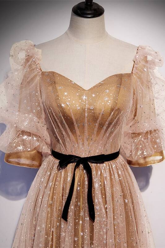 Short Sleeves Champagne A-line Long Prom HZ0308