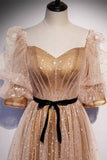 Short Sleeves Champagne A-line Long Prom HZ0308