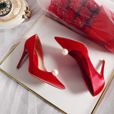 Niulatu New Elegant Ladies Bridal Wedding Party Shoes Pearl Satin Pumps Fashion Versatile Wedding High Heels Solid Color DJSE