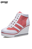 Niulatu Women Wedge Mesh Platform Casual Sneakers Side Zip Lace Cake Heel Booties 8cm Height Increased Canvas Stitching Color Shoes DJSE