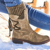 Niulatu Women's Winter Mid-Calf Boots Flock Winter Shoes Ladies Fashion Snow Boots Shoes Thigh High Suede Warm Botas Zapatos De Mujer DJSE