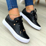 Niulatu Women Vulcanized Shoes Solid Color Low-heeled Flat Casual Shoes with Golden Buttons 2025 New Lace Up Female Sneakers DJSE