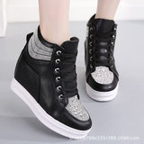 Niulatu Shoes For Women Big Size 43 Leather Casual Shoes White Black Rhinestones High Top Sneakers Women Vulcanized Lace Up DJSE