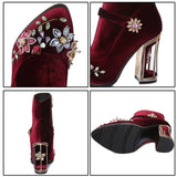 Niulatu rhinestone flower women boots for wedding retro ladies ankle boots bird cage high heels zipper velvet shoes FT466 DJSE