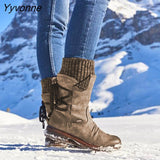 Niulatu Women's Winter Mid-Calf Boots Flock Winter Shoes Ladies Fashion Snow Boots Shoes Thigh High Suede Warm Botas Zapatos De Mujer DJSE