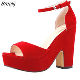 Niulatu Ankle Strap Sandal 12cm Women Pumps Sexy Peep Toe Square High Heels Woman Shoes Flock Platform Wedding Shoes DJSE