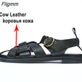 Niulatu Shoes Women Genuine Leather Gladiator Sandals Round Toe Flats Buckle Fashion Ladies Footwear Summer Khaki Big Size 43 DJSE