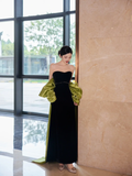 Niulatu Black Strapless Satin Long Prom Dress Evening Dress With Bow HZ1007
