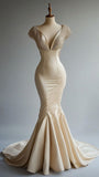 Niulatu Mermaid Satin Beaded V-Neck Long Ball Dress, Elegant Evening Dress HZ1026