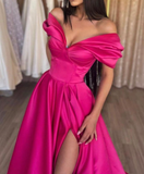 Niulatu A-Line Off the Shoulder Satin Long Prom Dress Hot Pink Pleats Evening Dress With Slit HZ1007
