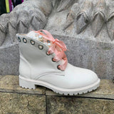 Niulatu Women Ankle Boots 2025 Autumn PU Leather Lace Up Motorcycle Boots Pearl Decor Casual Shoes Round Toe Lady Bootie Female Footwear DJSE