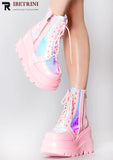 Niulatu Womens Fashion Hot Sale Short Ankle Pink Boots Sweet Cute Platform Wedges Goth Boots Zipper Lace Up Shoes Woman Brand New Casual DJSE