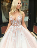 Niulatu v neck tulle lace long prom dress, pink tulle evening dress HZ0113