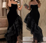 Niulatu Strapless Black Mermaid Ruffles Evening Dress Formal Prom Dress HZ1007
