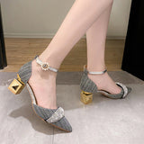 Niulatu High Heels Pumps Women Elegant Pearl Buckle Square Heels Wedding Party Shoes Ladies Pointed Toe Ankle Strap Pumps DJSE