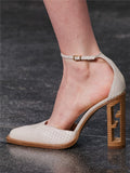 Niulatu Personality Hollow Wood Grain High-Heel Leather Sandals Retro Special-Shaped Heel Hollow Toe Cap Fashion Shoes DJSE