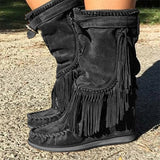 Niulatu Boots Woman Pleated Tassel Mid-calf Boots Womens Sewing Footwear Buckle Leather High Heels Shoes Female Plus Size Zip DJSE