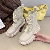 Niulatu Woman Slip-On Shoes Woman Fashion Knitted Elastic Round Toe Short Boots Platform Square Heels Leather Boots Women DJSE