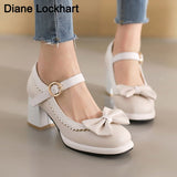 Niulatu Bow Moccasins Shoes Womens Lolita Mixed Colors Mary Janes Square Heels Ballet Pumps Bordered Shoe zapatillas mujer DJSE