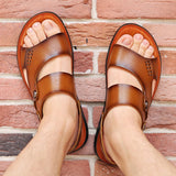 Niulatu Fashion Men Shoes Vintage Real Leather Non-slip Beach Slip-On Sandals Travel Flip Flop Slippers Black Brown mk5 DJSE