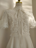 Niulatu A line High Neckline Short Sleeves Lace White Party Dress Chiffon Holiday Dresses SD348