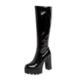 Niulatu Knee High Boots Women White Square Heel Long Boots Woman Patent Leather Shoes Spring Winter Large Size DJSE