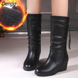 Niulatu Women's Mother Ladies Leather Snow Shoes Boots Knee High Zipper Winter Warm PU Plush Mid Calf Female Mid-calf Autumn Large Size DJSE