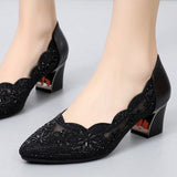 Niulatu Fashion Hollow Out Genuine Leather Pumps Women Shoes Med Heels Square Heel Mesh Ladies Office Shoes Crystal AD299 DJSE