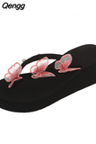 Niulatu Women Sandals Summer Platform Wedge Beach Indoor Slippers Rhinestone Butterfly Flip Flops Shoes Female Elegant Slides Plus Size DJSE