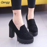 Niulatu 10CM Pumps Suede high heels thick round head waterproof platform black single shoes woman thick bottom was thin 358 DJSE