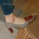 Niulatu Fashion Women's Shoes Thousand Bird Lattice Soft Leather Ladies Pumps Spring Square Toes Chunky Heels Female Shoes DJSE