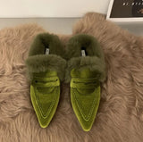 Niulatu Women Luxury Velvet Mules Pointy Toe Slip-on Fur Sandals Ladies Brand Design Outdoor Furry Slides Evening Party Heeled Shoes DJSE