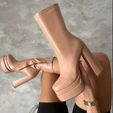 Niulatu Chunky High Heels Ankle Shoes for Women Punk Style Zipper Thick Platform Elasticity Microfiber Boots Botines Mujer DJSE