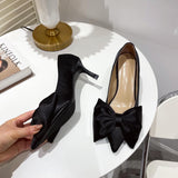 Niulatu Women Pumps Pointed Toe Satin Bow Design Shallow Slip On Thin High Heels Black White Elegant Pumps Wedding Shoes DJSE