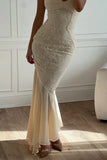 Niulatu Mermaid Spaghetti Straps Ivory Lace Floor Length Prom Dresses Chiffon Evening Dress HZ1110