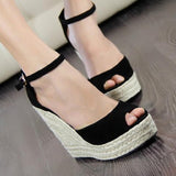 Niulatu Shoes For Women Retro Open Toe Ankle Platform Beach White Sandals Plus Size Weave High Heels Buckle-Strap Roman Shoe DJSE