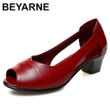 Niulatu Leather Comfortable Ladies Mid Heel Sandals Women Shoes Hollow Peep Toe Square Heel Sandals WomanE536 DJSE