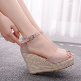 Niulatu Shoes For Women Retro Open Toe Ankle Platform Beach White Sandals Plus Size Weave High Heels Buckle-Strap Roman Shoe DJSE