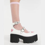 Niulatu to College Round Toe Heart Print Ankle Strap Chunky Goth Platform Women Shoes Trendy Punk Marry Janes Pumps Square Heels Street Style DJSE
