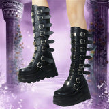 Niulatu Autumn Winter Women's Knee High Boots Gothic Punk Wedges High Heels Platform Motorcycle Boots Cosplay Shoes For Woman DJSE