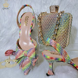 Niulatu 2025 New Fashion Full Of Crystal Decoration Style Rainbow Glass Heel Friends Party Shoes Ladies Shoes And Bag For Party DJSE