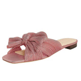 Niulatu Slip On Bowknot Women Pleated Sandals Slides Summer Flat Low Heel Casual Slip On Gold Leisure Open Toe Shoes Size 43 DJSE
