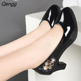 Niulatu Women Cute European Stylish Round Toe Black Pu Leather Square Heel Pumps Lady Casual Wine Red Comfort Summer Heel Shoes DJSE
