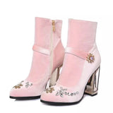 Niulatu rhinestone flower women boots for wedding retro ladies ankle boots bird cage high heels zipper velvet shoes FT466 DJSE