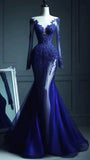 Niulatu Blue Mermaid Long Sleeve Lace Tulle Prom Dress Wedding Guest Dress Date Dress HZ0113
